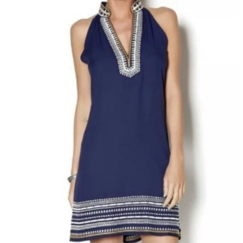 THML Dress Navy Blue S Small A Line Embroidered V Neck Sleeveless Summer